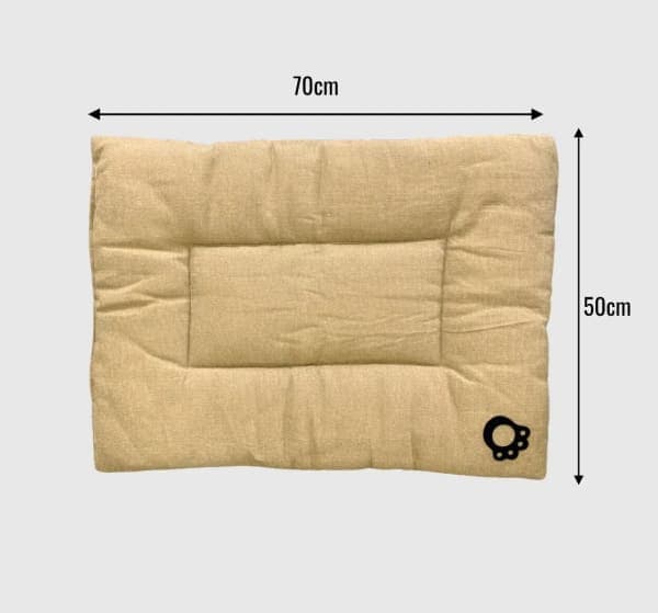 Cheeky Bobby natural linen dog bed mat showing 70cm by 50cm size
