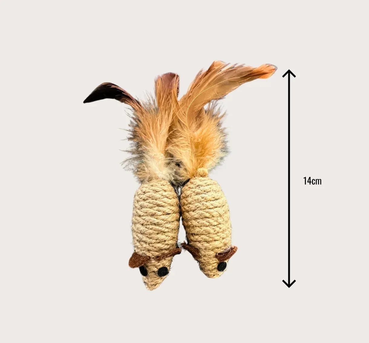 Two natural sisal cat mouse toys with feathers, showing 14cm length measurement.