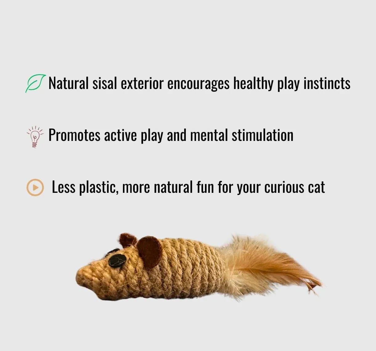 Infographic showing benefits of sisal cat toys: natural sisal exterior, active play, mental stimulation, less plastic.
