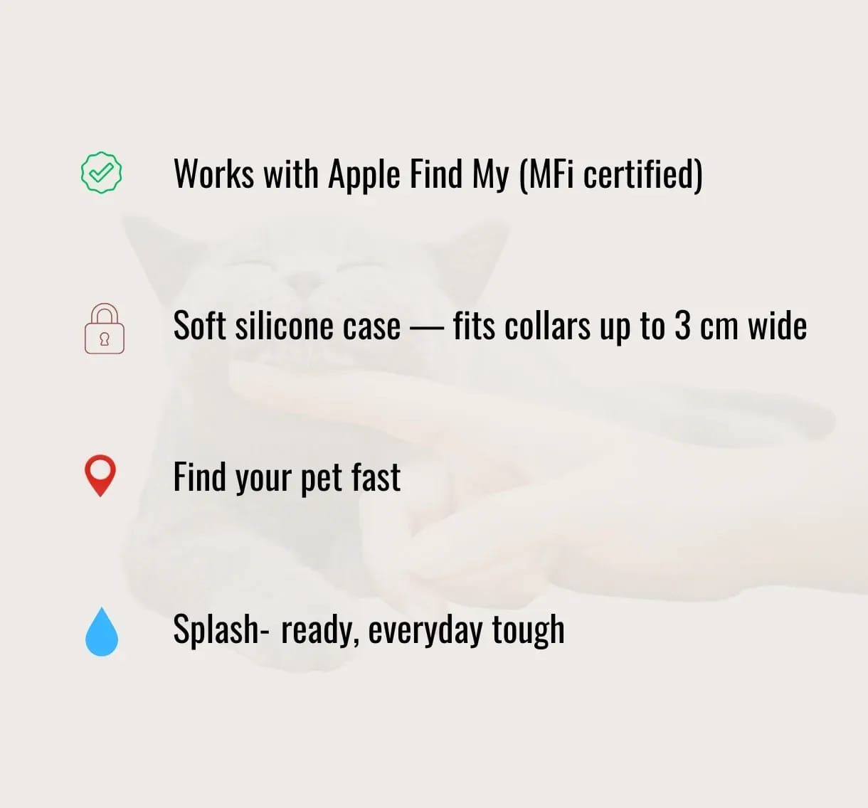 Mini Smart Tag benefits list highlighting Apple Find My support, soft silicone collar case, fast pet tracking and splash-ready durability.