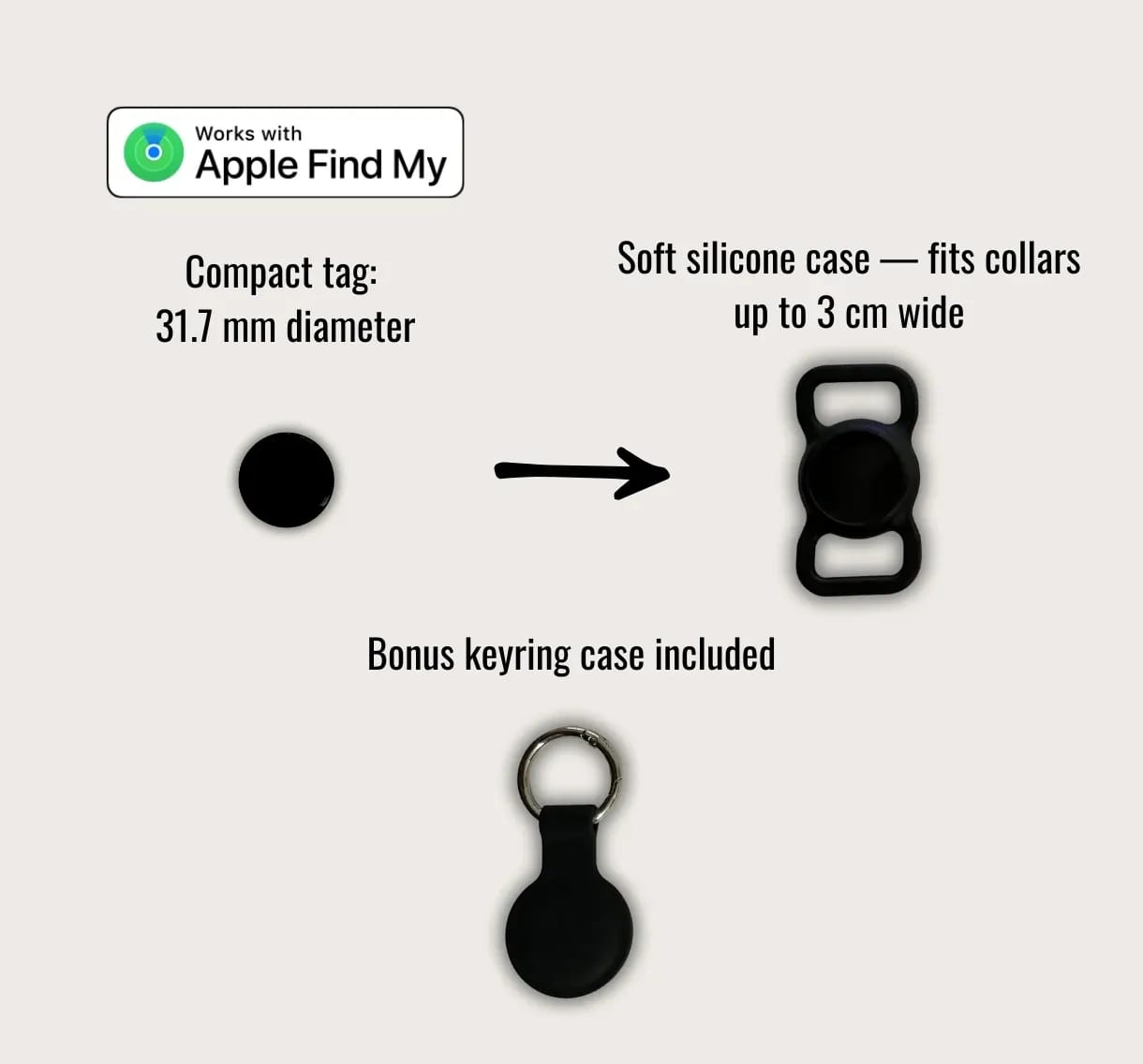 Black Mini Smart Tag pet tracker bundle showing compact tag, black silicone collar case and bonus black keyring holder.