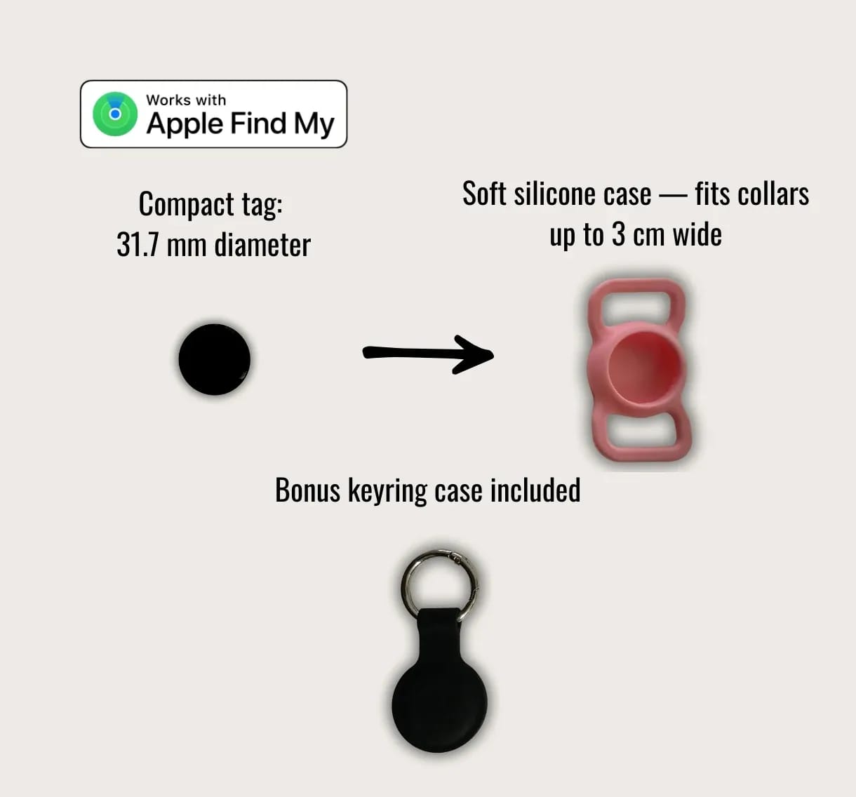 Pink Mini Smart Tag pet tracker bundle with compact tag, pink silicone collar case and bonus black keyring holder.
