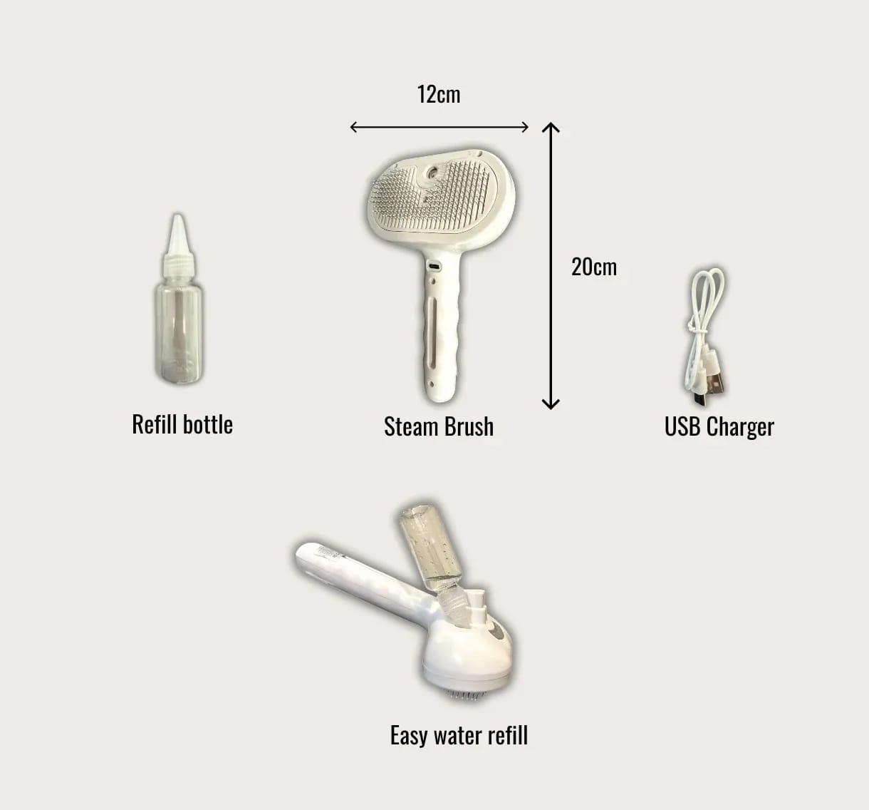 White Cheeky Bobby 3-in-1 Steam Grooming Brush bundle with refill bottle, USB charger and easy water refill