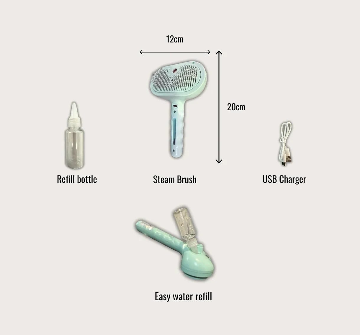 Green Cheeky Bobby 3-in-1 Steam Grooming Brush bundle with refill bottle, USB charger and easy water refill
