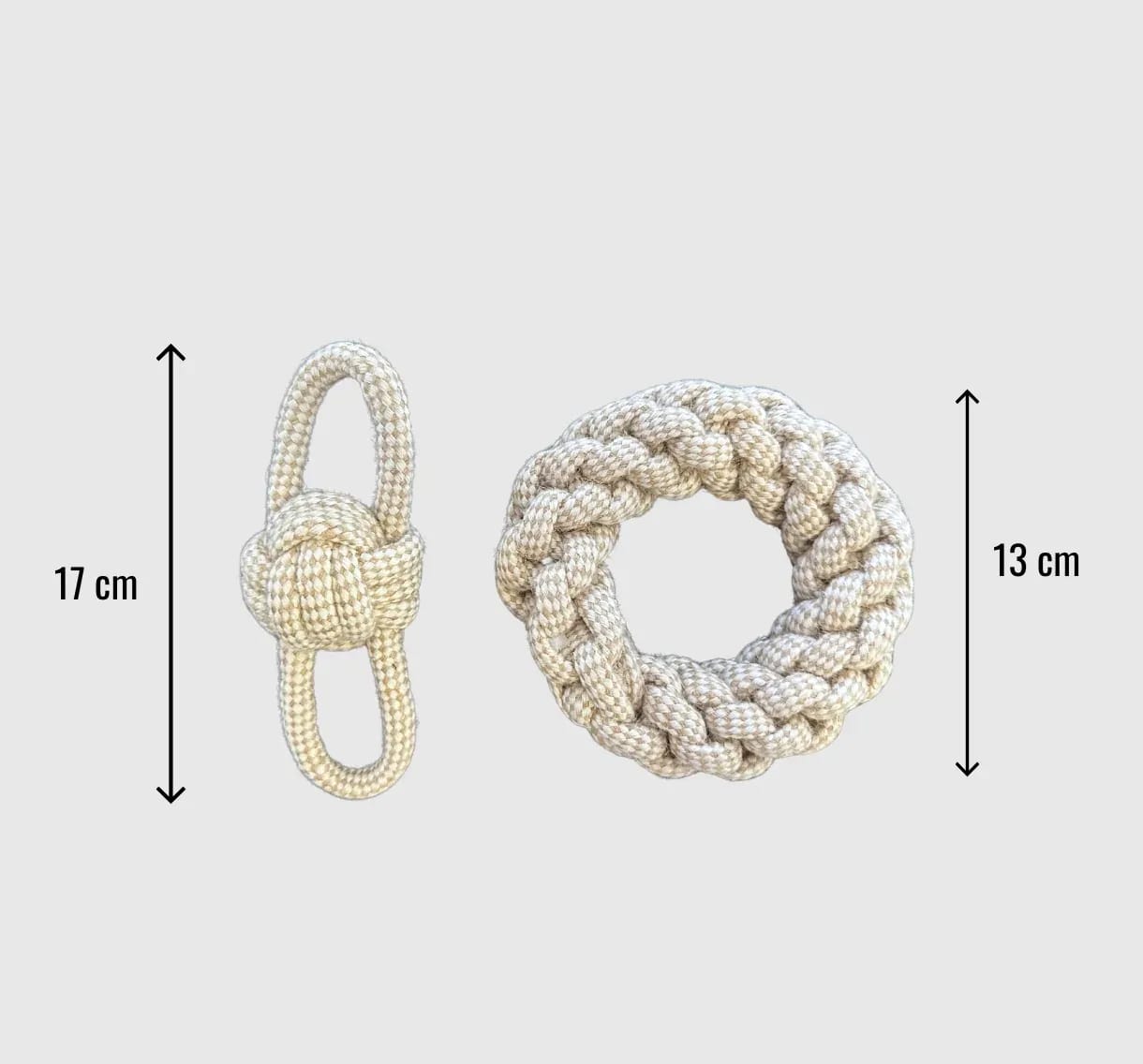 Two linen rope dog toys with size measurements. A figure-eight shaped toy is 17 cm long, and a braided donut-shaped toy is 13 cm in diameter.