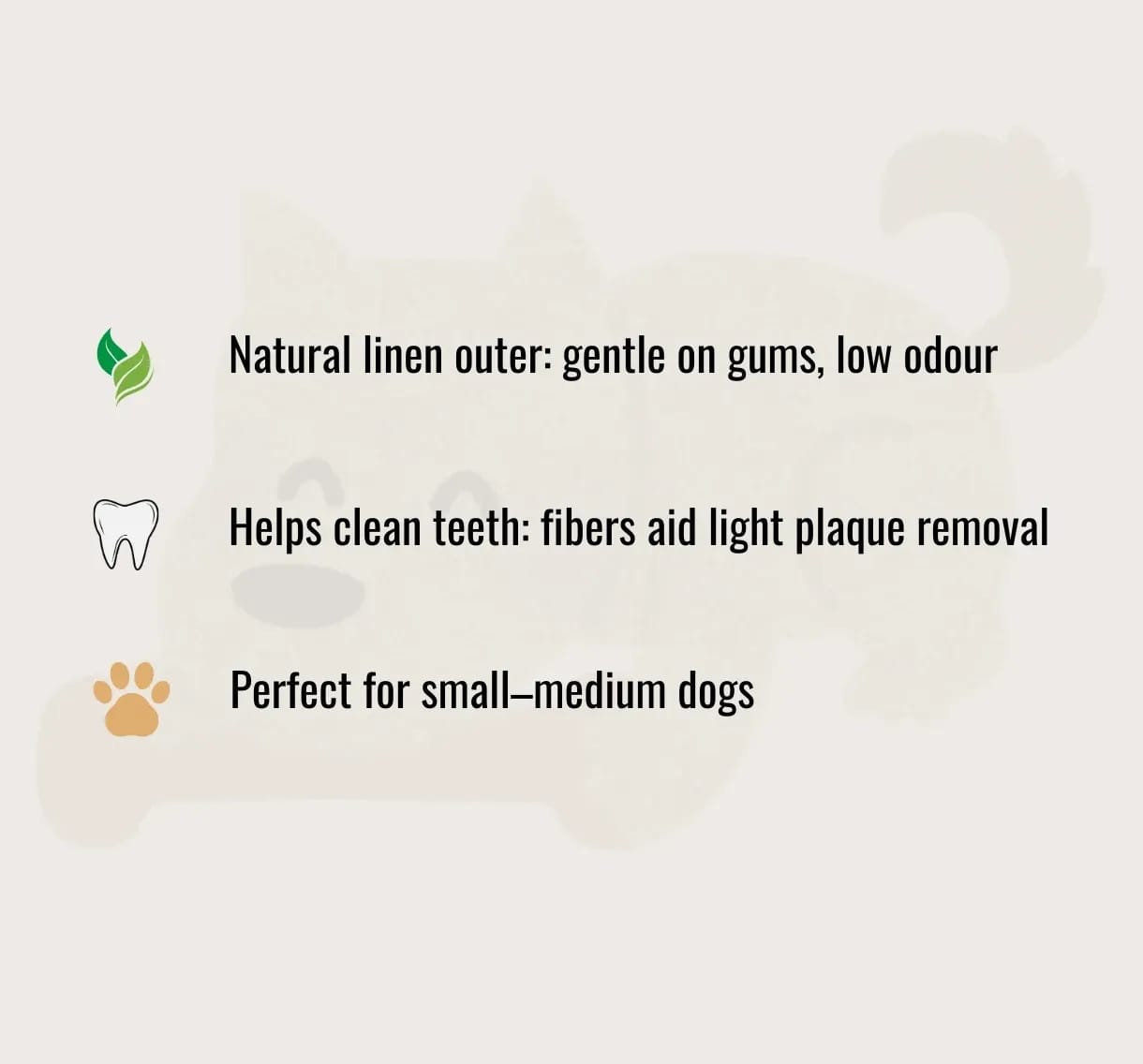 Infographic listing key benefits of Cheeky Bobby linen dog toys: "Natural linen outer: gentle on gums, low odour," "Helps clean teeth: fibers aid light plaque removal," and "Perfect for small-medium dogs."