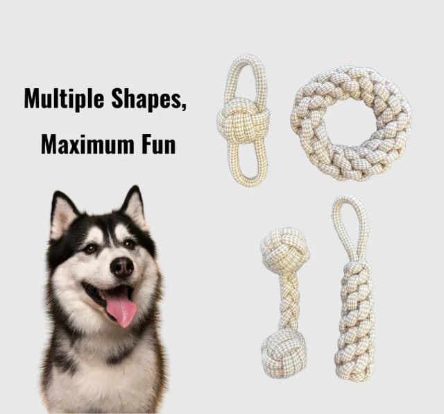 A husky dog smiling next to four different linen rope dog toys: a figure-eight, a braided donut, a dumbbell, and a corncob with a loop. Text reads "Multiple Shapes, Maximum Fun."