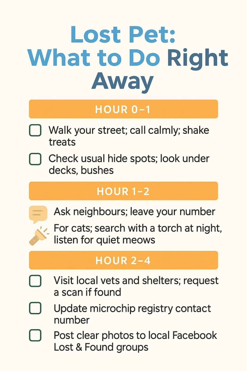 Checklist infographic titled 'Lost Pet: What to Do Right Away'. It provides actionable steps for pet owners in hourly blocks (0-1h, 1-2h, 2-4h) covering initial search, contacting neighbours, vets, and social media posts.